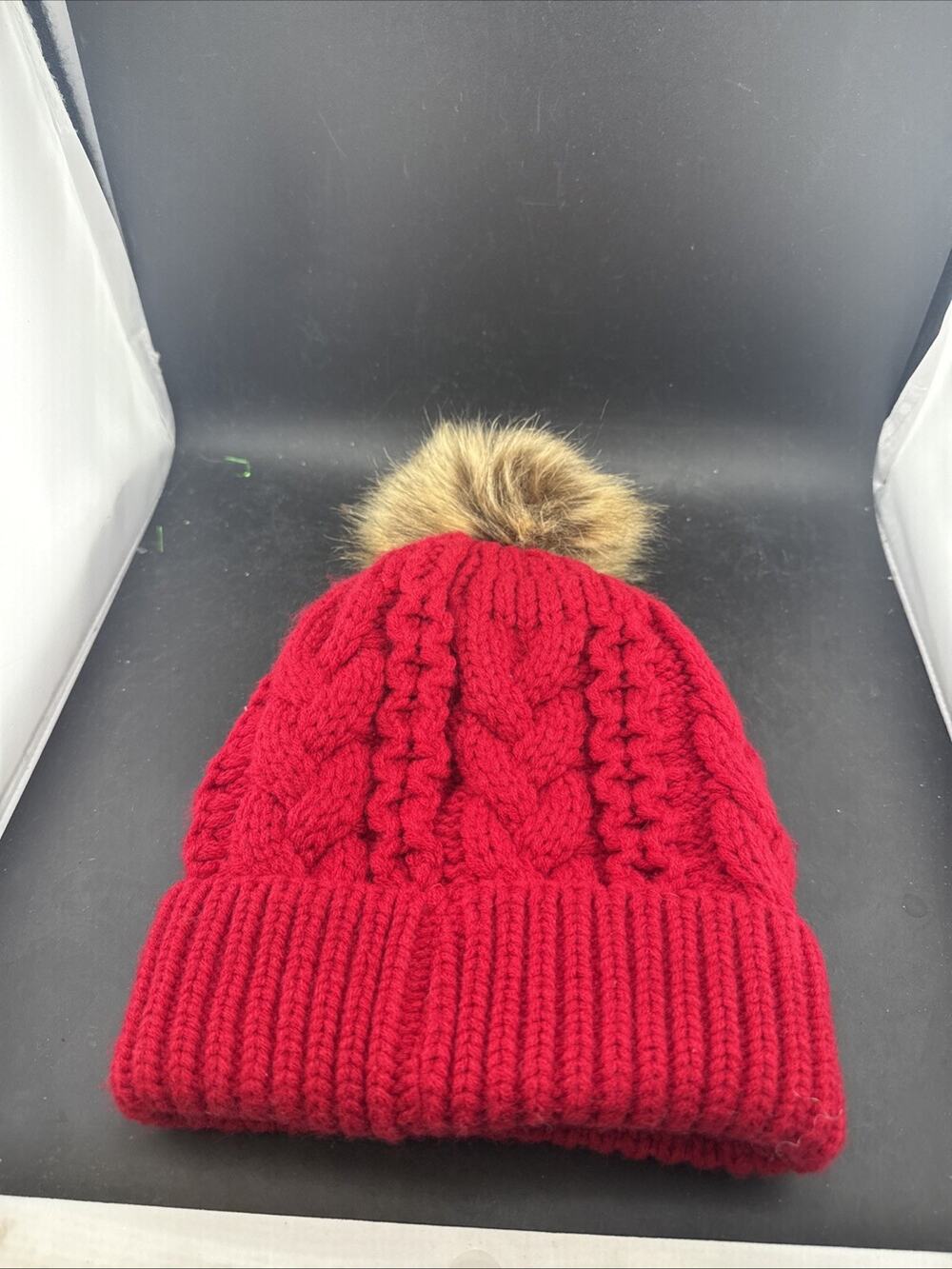 Women's Red Cable Knit Beanie Pink Fleece Lined Winter Hat Faux Fur Pom Pom